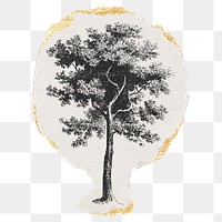 Tree png sticker, ripped paper, gold glitter illustration, transparent background