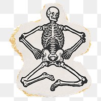 Human skeleton png sticker, ripped paper, gold glitter illustration, transparent background