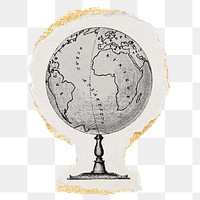 Globe png sticker, ripped paper, gold glitter illustration, transparent background