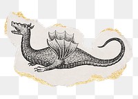 Dragon png sticker, ripped paper, gold glitter illustration, transparent background