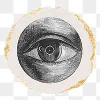 Eye png sticker, ripped paper, gold glitter illustration, transparent background.