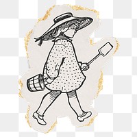 Png girl holding shovel sticker, ripped paper, gold glitter illustration, transparent background