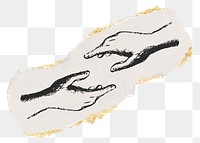 Helping hands png sticker, ripped paper, gold glitter illustration, transparent background