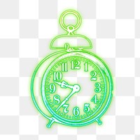 Alarm clock png sticker, green neon illustration, transparent background