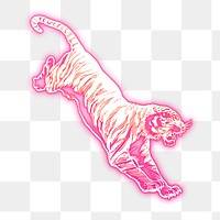 Jumping tiger png sticker, pink neon, animal illustration, transparent background