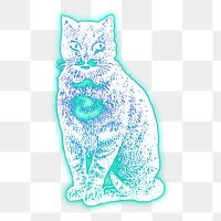 Cat png sticker, blue neon, animal illustration, transparent background