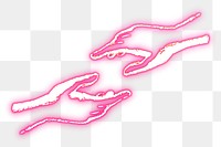 Helping hands png sticker, pink neon, friendship illustration, transparent background