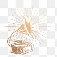 Gramophone png sticker, vintage record player gold illustration, transparent background