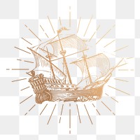 Sailing ship png sticker, vintage gold illustration, transparent background