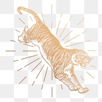 Jumping tiger png sticker, vintage animal, gold illustration, transparent background