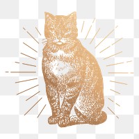 Cat png sticker, vintage animal gold illustration, transparent background