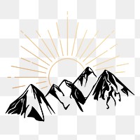 Mountain sunrise png sticker, vintage nature illustration, transparent background