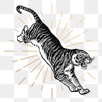 Jumping tiger png sticker, vintage animal illustration, transparent background