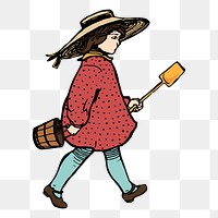 Png girl holding shovel sticker, vintage summer illustration, transparent background