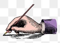 Png hand holding pen sticker, business, vintage illustration, transparent background