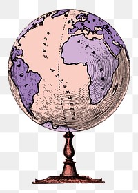 Purple globe png sticker, education aesthetic, vintage illustration, transparent background
