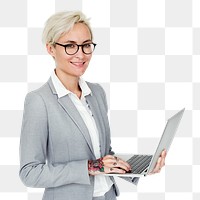 Businesswoman portrait png sticker, holding laptop, transparent background