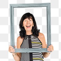 Cheerful woman png sticker, holding picture frame, transparent background