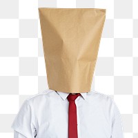 Png man in paper bag, ashamed portrait, transparent background