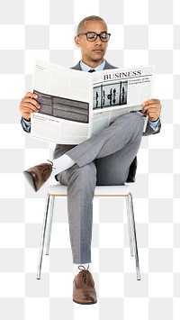 Businessman png clipart, reading newspaper, transparent background