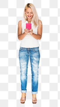 Blonde woman png texting, social media addiction concept