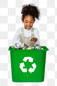 Happy kid png clipart, recycling trash can, transparent background