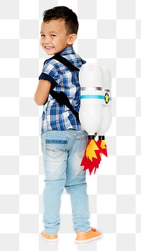 Young boy png sticker, rocket bag, transparent background