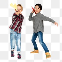 Png boys playing paper planes clipart, transparent background