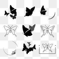 Butterfly png logo badge, black color, aesthetic flat design set