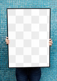 Black picture frame png mockup held by woman