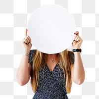 Cheerful woman holding a round board transparent png
