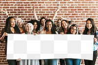 Group of diverse women showing a blank banner mockup