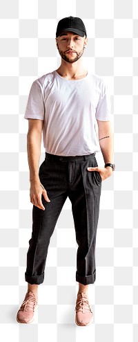 Bearded man in a white t-shirt and black pants transparent png