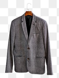 Gray blazer on a hanger transparent png