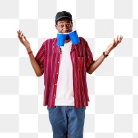 Cheerful young man holding blue cups transparent png