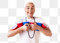 Cheerful young man holding cups transparent png