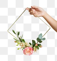 Woman holding a gold frame decorated with flowers transparent png