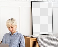 Photo frame mockup on wooden sideboard