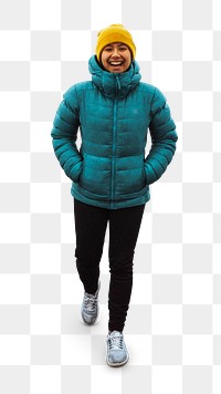 Woman wearing an insulated hooded jacket ready to go for a hike 