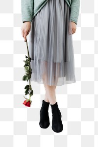 Woman standing in tiptoes holding a red rose transparent png