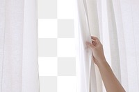 Hand opening a white curtain design element