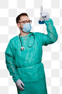 Microbiologist in a green gown holding a volumetric flask transparent png
