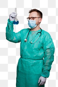 Microbiologist in a green gown holding a volumetric flask transparent png