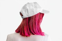 Pink hair woman in white cap mockup png