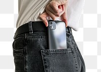 Png mobile phone case mockup in jeans back pocket