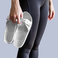 Model png holding white sandal fashion mockup