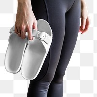 Model png holding white sandal fashion mockup