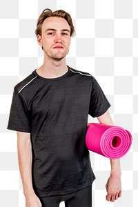Man in black sport shirt with pink yoga mat mockup png studio shot
