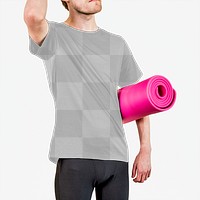 Man in sport shirt with pink yoga mat png mockup
