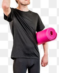 Man in black sport shirt with pink yoga mat png mockup